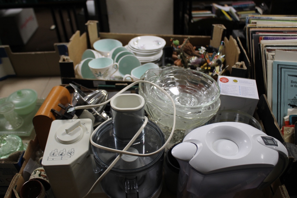 TWO TRAYS OF SUNDRIES AND CERAMICS TO INCLUDE A FOOD PROCESSOR, CERAMIC BIRD ORNAMENTS ETC.