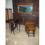THREE ITEMS, AN OAK NEST OF THREE TABLES , A GATELEG DROP LEAF TABLE AND AN OVER MANTLE WALL MIRROR