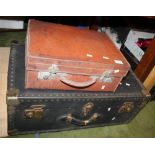 A BRASS BOUND TRUNK TOGETHER WITH A VINTAGE LEATHER SUITCASE