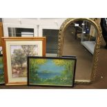 A GILT FRAMED ARCH SHAPED MIRROR, APPROX. 86 X 49 CM TOGETHER WITH TWO VINTAGE PRINTS OF SEASCAPES
