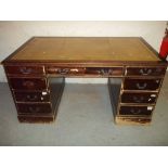 A VINTAGE LARGE LEATHER INLAID TWIN PEDESTAL REPRODUCTION DESK