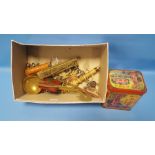 A BOX OF COLLECTABLES TO INCLUDE A TEA TIN, COSTUME JEWELLERY ETC.