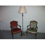 TWO MODERN REPRO BEDROOM CARVER CHAIRS AND A BRASS EFFECT STANDARD LAMP