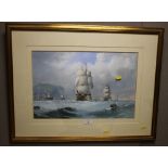 MICHAEL MATTHEWS GOUACHE AND WATERCOLOUR PAINTING OF A SEASCAPE DEPICTING SEVERAL SHIPS UNDER