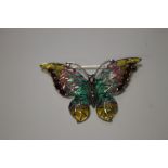 A LARGE SILVER PLIQUE-A-JOUR BUTTERFLY BROOCH /PENDANT SET WITH GARNETS AND MARCASITES