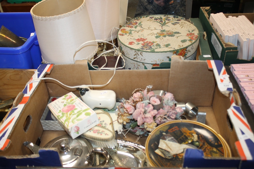 TWO TRAYS OF SUNDRIES TO INCLUDE PART DRESSING TABLE SET, HATBOX ETC.