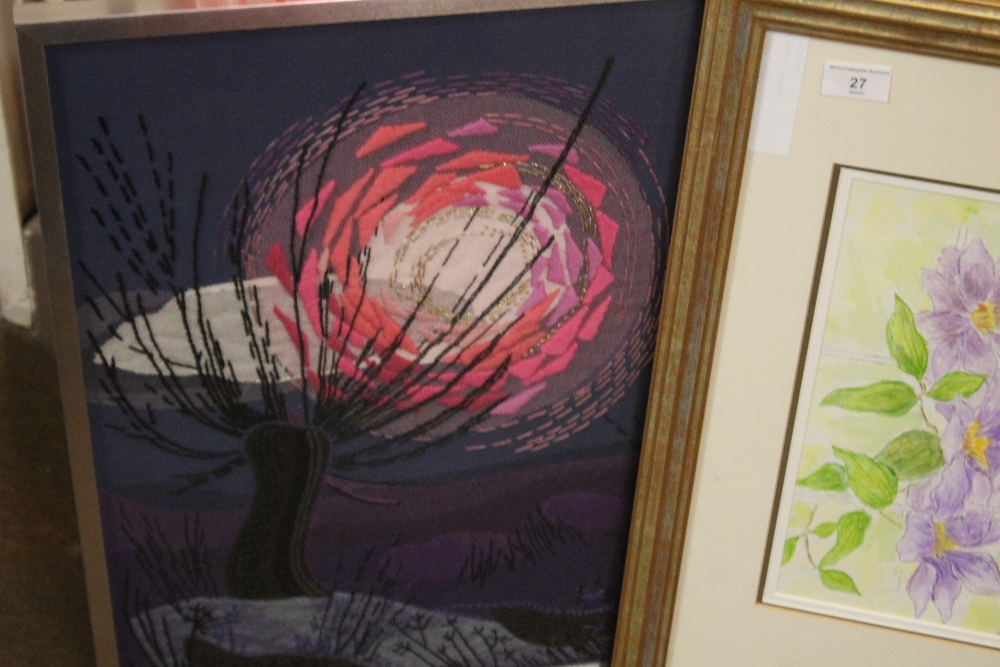 TWO FRAMED AND GLAZED MODERN TAPESTRIES TOGETHER WITH A WATERCOLOUR OF A CLEMATIS - Image 4 of 4