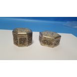TWO CHINESE EXPORT WHITE METAL SNUFF/TRINKET BOXES, BOTH WITH TYPICAL EMBOSSED DECORATION, THE