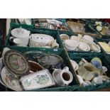 FOUR TRAYS OF CERAMICS TO INCLUDE WEDGWOOD, (TRAYS NOT INCLUDED)