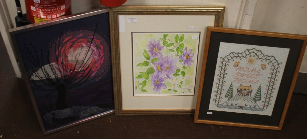 TWO FRAMED AND GLAZED MODERN TAPESTRIES TOGETHER WITH A WATERCOLOUR OF A CLEMATIS