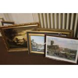 AN OIL ON CANVAS DEPICTING A LANDSCAPE SIGNED F. BEELK TOGETHER WITH THREE FRAMED PRINTS