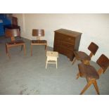A TWO OVER TWO MAHOGANY CHEST OF DRAWS AND FOUR SCHOOL TYPE VINTAGE STACKABLE CHAIRS