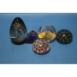 FIVE GLASS PAPERWEIGHTS TO INCLUDE A MILLIFIORE EXAMPLE