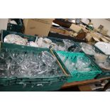 FIVE TRAYS OF GLASSWARE TOGETHER WITH A TRAY OF CERAMICS (TRAYS NOT INCLUDED)