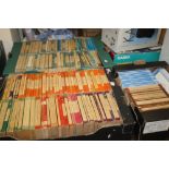 TWO LARGE TRAYS AND ONE SMALL TRAY OF PENGUIN AND PELICAN PAPERBACK BOOKS - ORANGE, GREEN, VIOLET