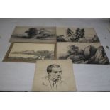 A FOLDER OF ORIGINAL PENCIL SKETCHES AND PEN & INK DRAWINGS to include three with "H. W. Burgess