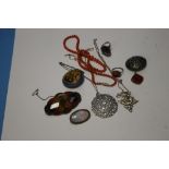 A QUANTITY OF ASSORTED BROOCHES AND NECKLACES ETC.