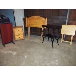 FOUR ITEMS, A SOLID BEDSIDE CUPBOARD, A SOILD PINE HEADBOARD, AN ANTIQUE HALL TABLE ETC.