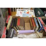 A TRAY OF BOOKS INCLUDING ANTIQUARIAN, GREETINGS CARDS, ANTIQUE GLOVES ETC. TOGETHER WITH A