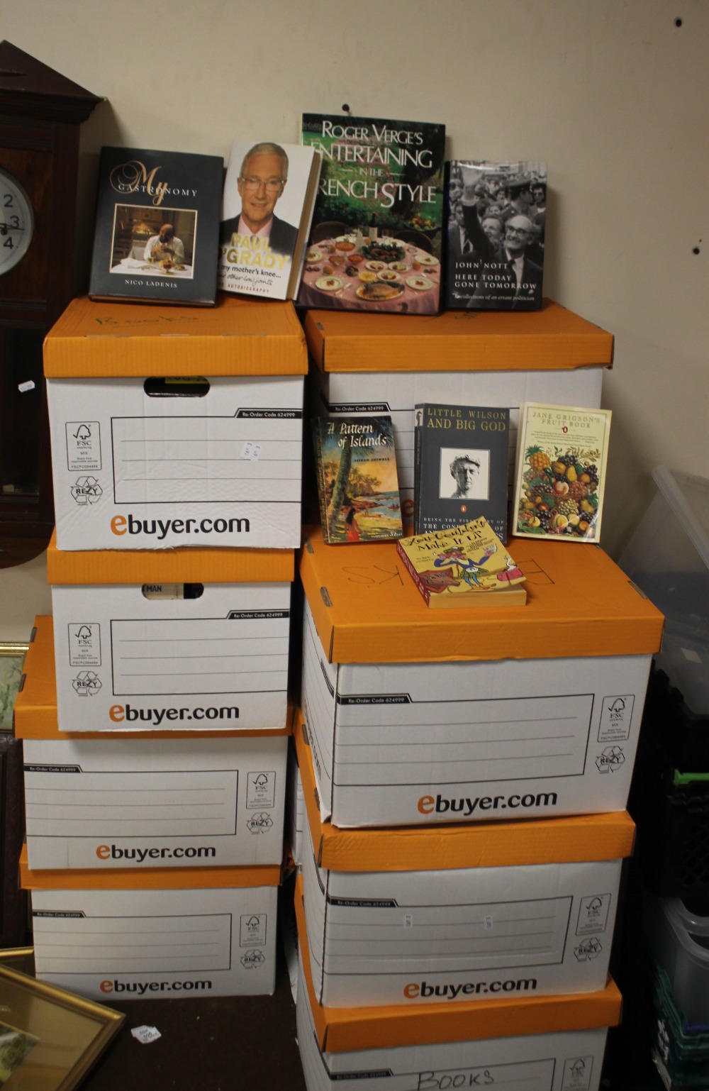 ELEVEN BOXES OF MISCELLANEOUS BOOKS - HARDBACK, PAPERBACK, COOKERY BOOKS, BIOGRAPHIES, NOVELS ETC.