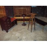 FIVE ITEMS TO INCLUDE TWO COFFEE TABLES, AN OAK ANTIQUE PLANT STAND, A LEATHER TELEPHONE MEDIA