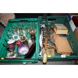 A TRAY OF METALWARE TO INCLUDE CANDLESTICKS TOGETHER WITH A TRAY OF GLASSWARE