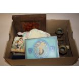 A BOX OF COLLECTABLES TO INCLUDE SILVER TOPPED SALT AND PEPPER SHAKERS, CERAMIC PIN CUSHION DOLL,