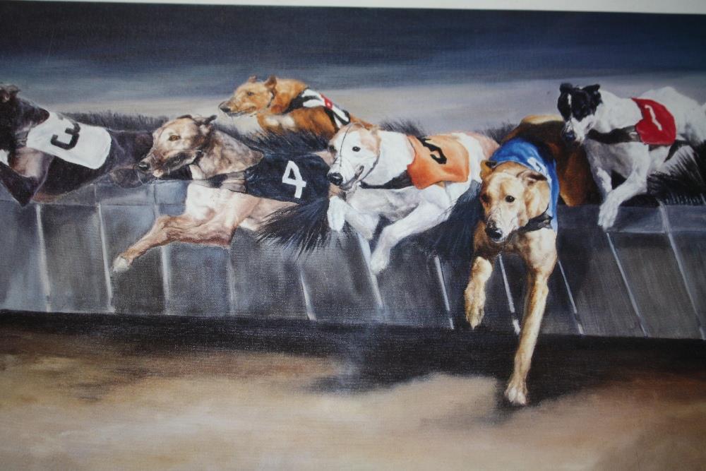 A SET OF FOUR FRAMED AND GLAZED SIGNED DOG RACING INTEREST PRINTS BY DAVID FRENCH OVERALL SIZE - Image 4 of 6