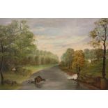 A GILT FRAMED AND GLAZED OIL ON BOARD DEPICTING A RURAL RIVER SCENE SIGNED PINFOLD 1896 LOWER
