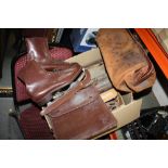A BOX OF VINTAGE LEATHER BAGS, ICE SKATES ETC.