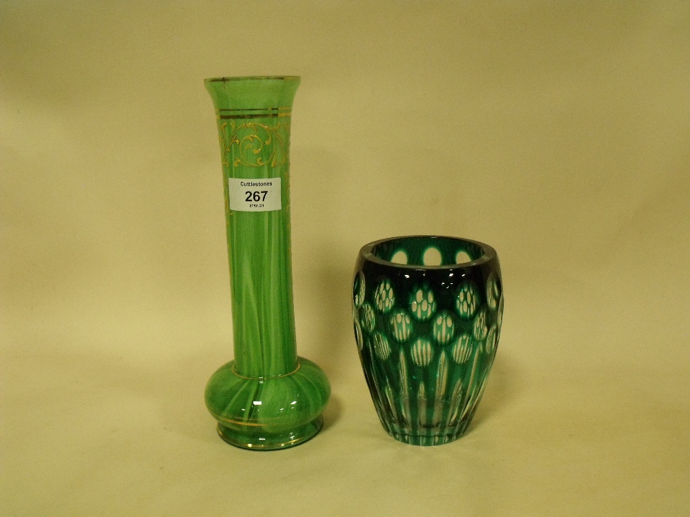 A LOETZ STYLE GREEN AND GOLD GLASS VASE TOGETHER WITH A BOHEMIAN GREEN GLASS VASE