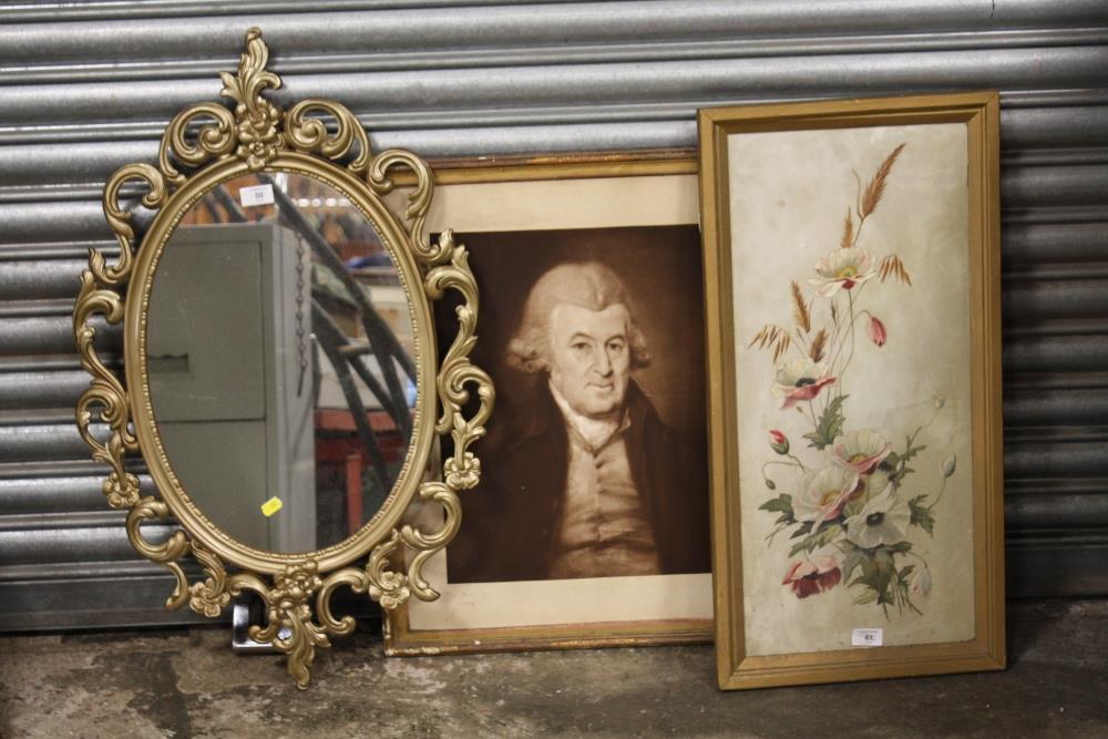 A VICTORIAN FLORAL PAINTING ON MILK GLASS, TOGETHER WITH A PORTRAIT PRINT OF A GENTLEMAN, AND A GILT