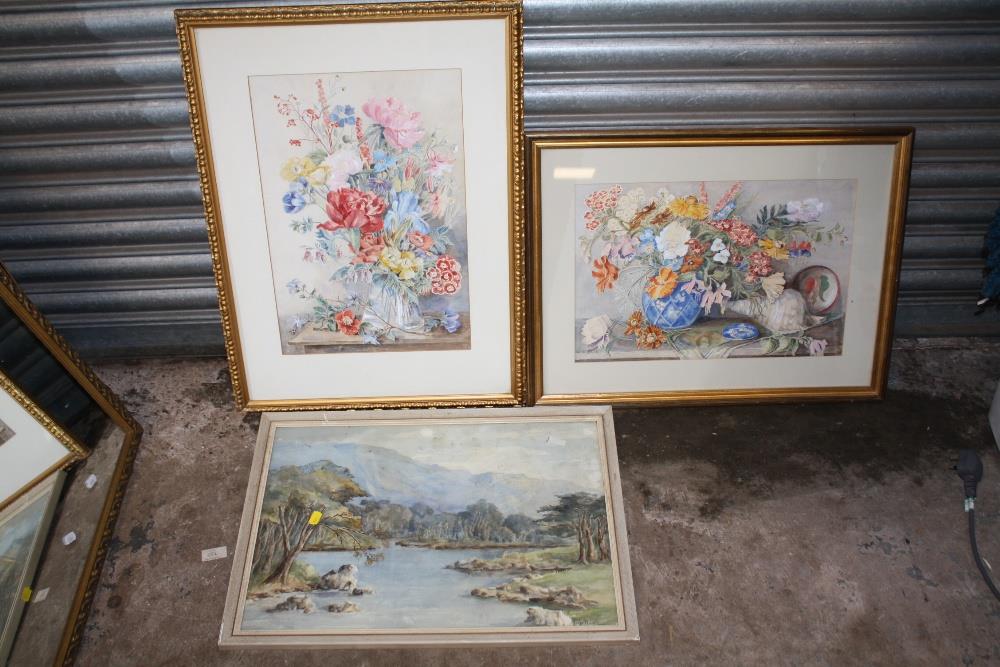 TWO FRAMED AND GLAZED STILL LIFE WATERCOLOURS OF FLOWERS IN VASES, TOGETHER WITH A WATERCOLOUR OF