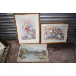 TWO FRAMED AND GLAZED STILL LIFE WATERCOLOURS OF FLOWERS IN VASES, TOGETHER WITH A WATERCOLOUR OF