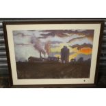 (XX). Northern industrial factory scene at dawn, unsinged, pastels on paper, framed and glazed, 46 x