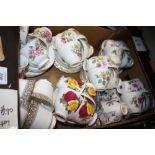 A TRAY OF CHINA CUPS AND SAUCERS TO INCLUDE ROYAL DOULTON, QUEEN ANNE, REGENCY ETC.