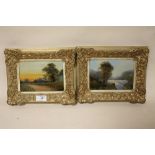 A PAIR OF GILT FRAMED OIL ON BOARD PAINTINGS DEPICTING A RIVER SCENE AND A COUNTRY LANE - 18 X 13