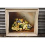 A FRAMED OIL ON BOARD STILL LIFE STUDY OF FRUIT, SIGNED RAYWORTH, 61 X 52 CM