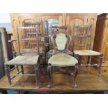 FOUR ANTIQUE OAK WICKERSEAT CHAIRS AND A VICTORIAN CHAIR (5) A/F