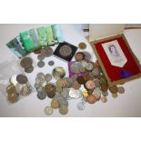 A COLLECTION OF WORLD COINAGE TOGETHER WITH COMMEMORATIVE SILK, 'GALLERY OF FOOTBALL' ACTION CARDS