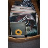A BOX OF LP RECORDS AND SINGLES TO INCLUDE MEAT LOAF, ELVIS, JOHNNY CASH ETC.