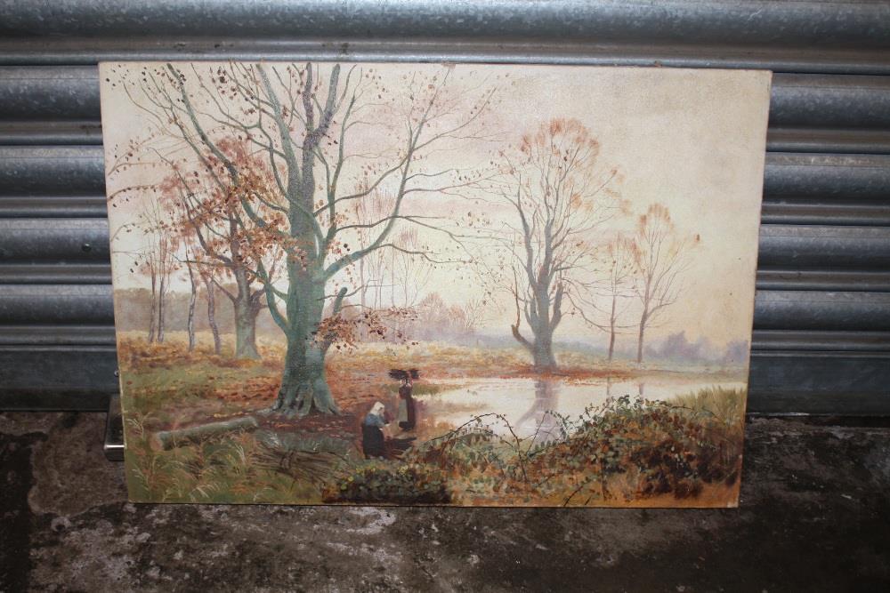 AN UNFRAMED 19TH CENTURY OIL ON CANVAS DEPICTING WOOD GATHERERS BESIDE A LAKE - Image 2 of 3