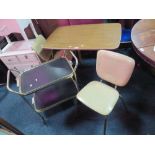 A RETRO FORMICA TOPPED SMALL KITCHEN TABLE AND 2 CHAIRS, H-73 CM W-88 CM WITH A TROLLEY (2)