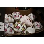 A TRAY OF CHINA CUPS AND SAUCERS TO INCLUDE QUEEN ANNE, TUSCAN, AND RICHMOND EXAMPLES