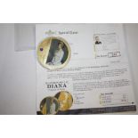 A LARGE GOLD PLATED COMMEMORATIVE COIN FOR PRINCESS DIANA, WITH CERTIFICATE