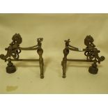 A PAIR OF ANTIQUE BRASS FIRE DOGS, W 27 CM