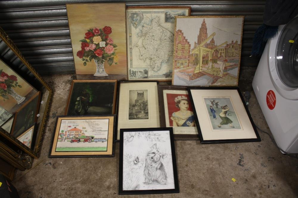 A BOX OF ASSORTED PICTURES AND PRINTS TO INCLUDE AN OIL PAINTING OF A MOTORCYCLIST, STILL LIFE OIL