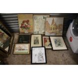 A BOX OF ASSORTED PICTURES AND PRINTS TO INCLUDE AN OIL PAINTING OF A MOTORCYCLIST, STILL LIFE OIL