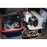 TWO BOXES OF ASSORTED ELECTRICALS TO INCLUDE MICROPHONE, WALKIE TALKIE, TEASMAID ETC.