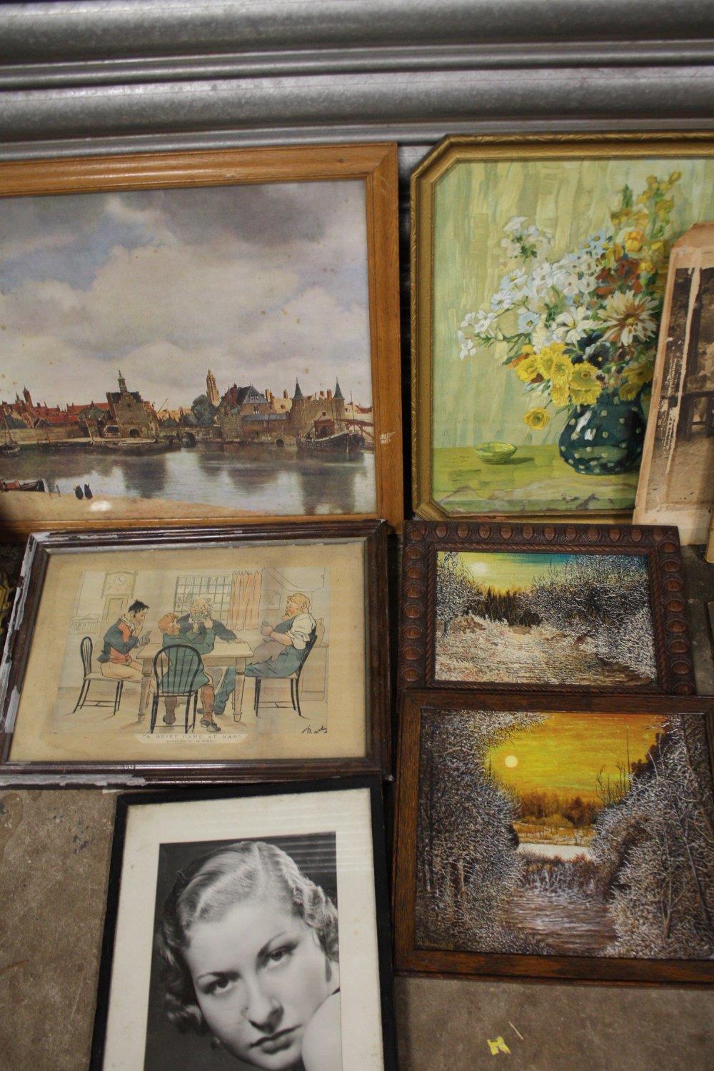 A BOX OF ASSORTED PICTURES TO INCLUDE OIL PAINTINGS, PRINTS, FRAMES, ETC. - Image 3 of 3